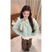 Korean-style Winter Outfit Set With A Youthful Bow Tie Polka Dot Base Shirt, Slimming Sweater, And Retro Wide-leg Pants_ecoleips.com