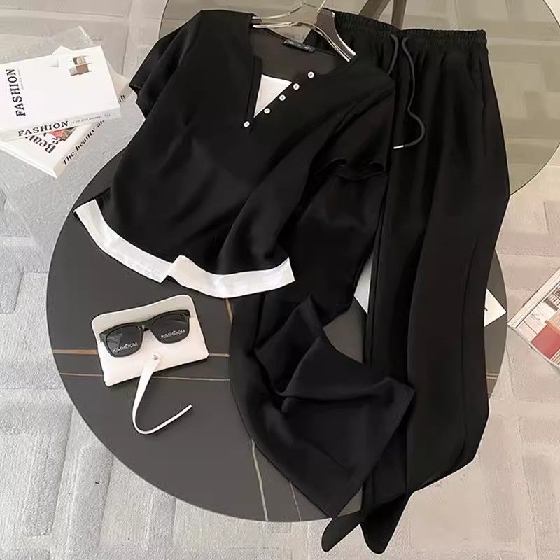 Women's Clothing Casual Sports Suit Summer New Two Piece Short Sleeved Top Wide Leg Pants Two Piece Suit_ecoleips.com