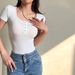 European American Retro Short-sleeve T-shirt Women, Slim-fit, Solid Color, Open-front Top, Suitable For Layering,_ecoleips.com