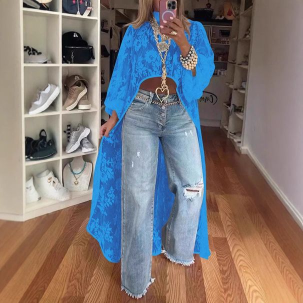 Women's Clothing Embroidered Lace Design High Waist Loose Versatile Slim Tailing Mid Neck Long Sleeved Lace Shirt_ecoleips.com