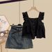 Women's Clothing Large Size Gentle Outfit For Women New Style Niche Simple Square Collar Versatile Top High Waist Denim Skirt Two Piece Suit_ecoleips.com
