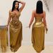 Elegant Halter Neck Bodycon Midi Dress With Gold Chain & Draped Detail, Stretch Polyester Spandex, Sophisticated Night Out & Evening Wear_ecoleips.com