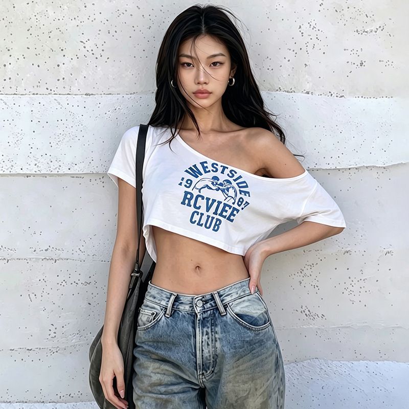 Summer New Women's Short Asymmetrical Neck Off-Shoulder Top Street Style Versatile Short Sleeved Hot Girl American Clothing_ecoleips.com