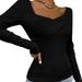 Voya Women's New Stock Slim Fit Waist Cinched Chicken Heart Collar Knitted Long Sleeved T-shirt Commuting Top_ecoleips.com
