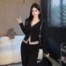 Women's Casual Sportswear Set V Neck Sweatshirt Wide Leg Pants Two Piece Outfit Slim Fit Spring Autumn Fashion_ecoleips.com