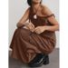 French Style Design Cotton Linen Brown Dress Spring And Summer One-Shoulder Cold-Shoulder Long Dress Women's Clothing_ecoleips.com