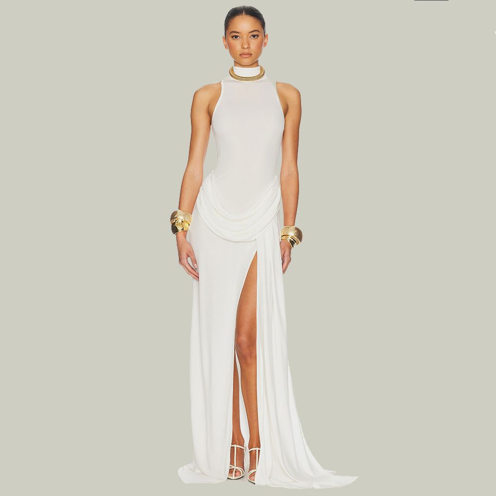 Summer Fashion High Slit Short Sleeve Long Dress for Women Sexy Waist Slim Fit Elegant Cross Border Style_ecoleips.com