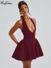 Hugcitar Halter Solid V Neck Backless Bandage Sexy Bodycon Mini Pleated Dress Winter Elegant Women Outfit Evening Party Festival_ecoleips.com