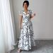 2025 Spring Summer New Printed Ruffle V-neck Sexy Slim Fit Long Dress Gown_ecoleips.com