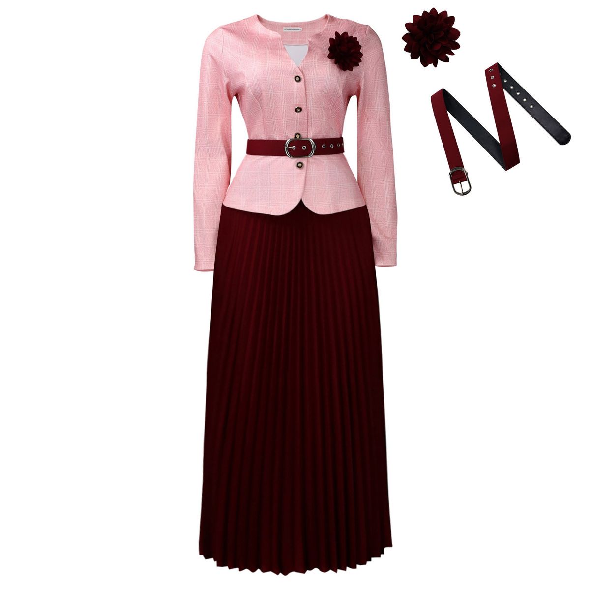 Elegant Women's Winter Suit Set Blazer Long Skirt with Belt And Brooch S-XXXL Navy Wine Purple_ecoleips.com
