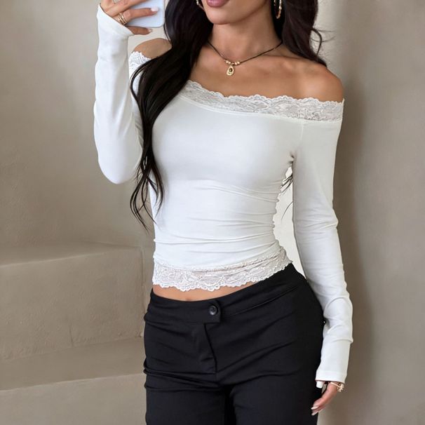 Women's Slimming Long Sleeve T-Shirt Waist Defining Lace Off-Shoulder Top XM25070PFO New Collection_ecoleips.com