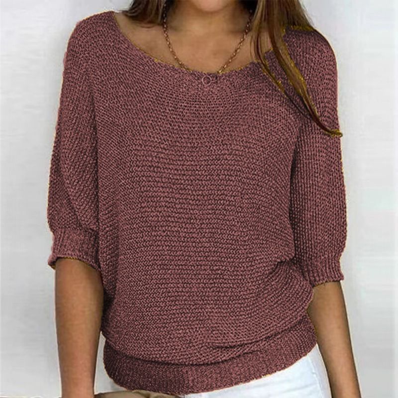Women's Clothing Solid Color Round Neck Sweater For Women Commuting Elegant Three Quarter Sleeve Top Air Conditioning Shirt_ecoleips.com