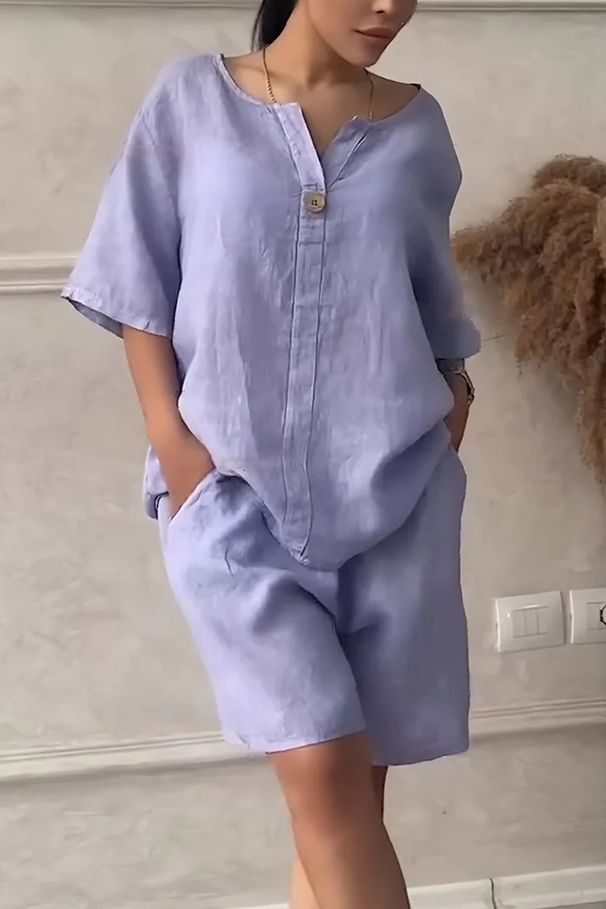 Women's Clothing Summer Women's 2-piece Plus Size Cotton And Linen Shirt Suit High Waist Loose Shorts_ecoleips.com