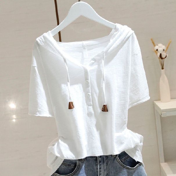 Cotton Hooded Short-sleeved T-shirt Women's 2026 Spring And Summer New Loose And Thin Versatile Pullover_ecoleips.com