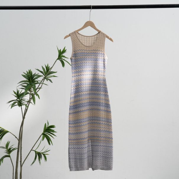 Women's Clothing Temperament Gradient Gold Thread Design Knitted Sleeveless Dress Home Same Style_ecoleips.com