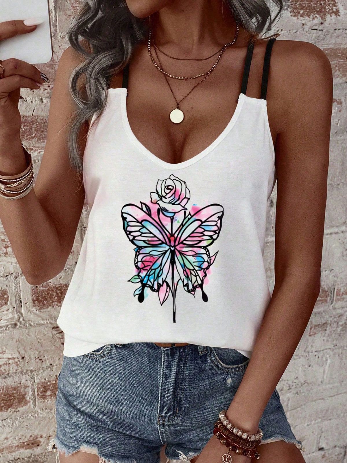 Women's Butterfly Print Sleeveless Top Double Strap Vest Short Tank Camis For Spring/Autumn Summer_ecoleips.com