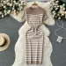 Summer Striped Beach Knitted Dress O Neck Short Sleeves Chic Hotsweet Slim Sundress Streetwear Y2K Bodycon Midi Dress_ecoleips.com