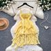 French Style Women's Yellow Halter Neck Dress Summer Irregular Cake Skirt with Ruffles High End Feel_ecoleips.com