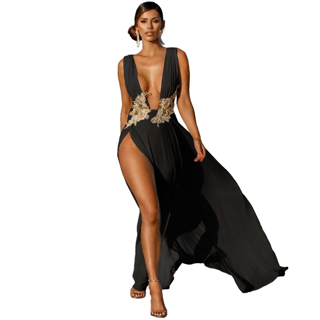 Women’s Clothing New women's long skirt sexy fashion wedding evening dress deep V high slit part big swing long skirt_ecoleips.com
