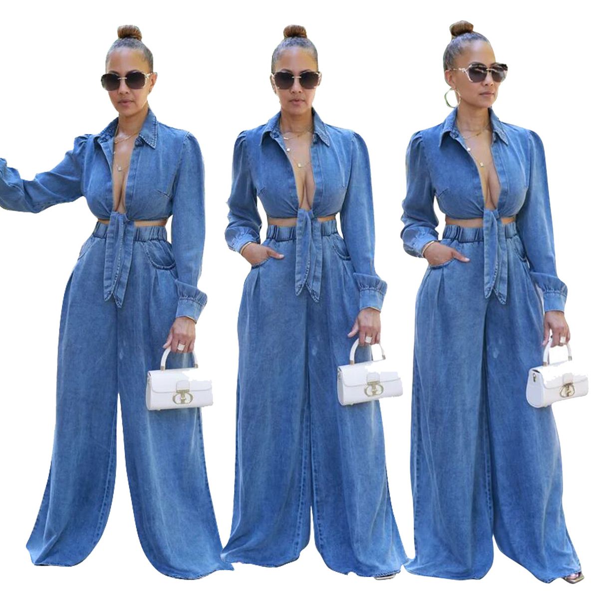 Women’s Clothing New Women's Casual Wide Leg Pants Denim Suit_ecoleips.com