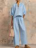 Summer Women's Wide Leg Pants Set Casual Loose Solid Color Zipper Round Neck Top With Wide Leg Pants Clothing Suit_ecoleips.com