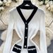 Elegant Inspired V-Neck Long Sleeve Knit Dress With Contrast Trim & Waist-Defining Metal Buttons – Slimming & Stylish_ecoleips.com