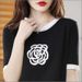 Women's Clothing Women's Fashion Color Block Round Neck Camellia T-Shirt Short Sleeve Loose Fit Slimming Wool Knit Top For Summer_ecoleips.com