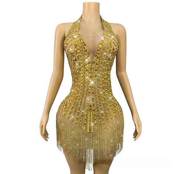 Luxurious Deep V Halter Neck Backless Mini Dress Gold Rhinestone Tassel Sexy Women's Party Wear For Cocktail Performances_ecoleips.com