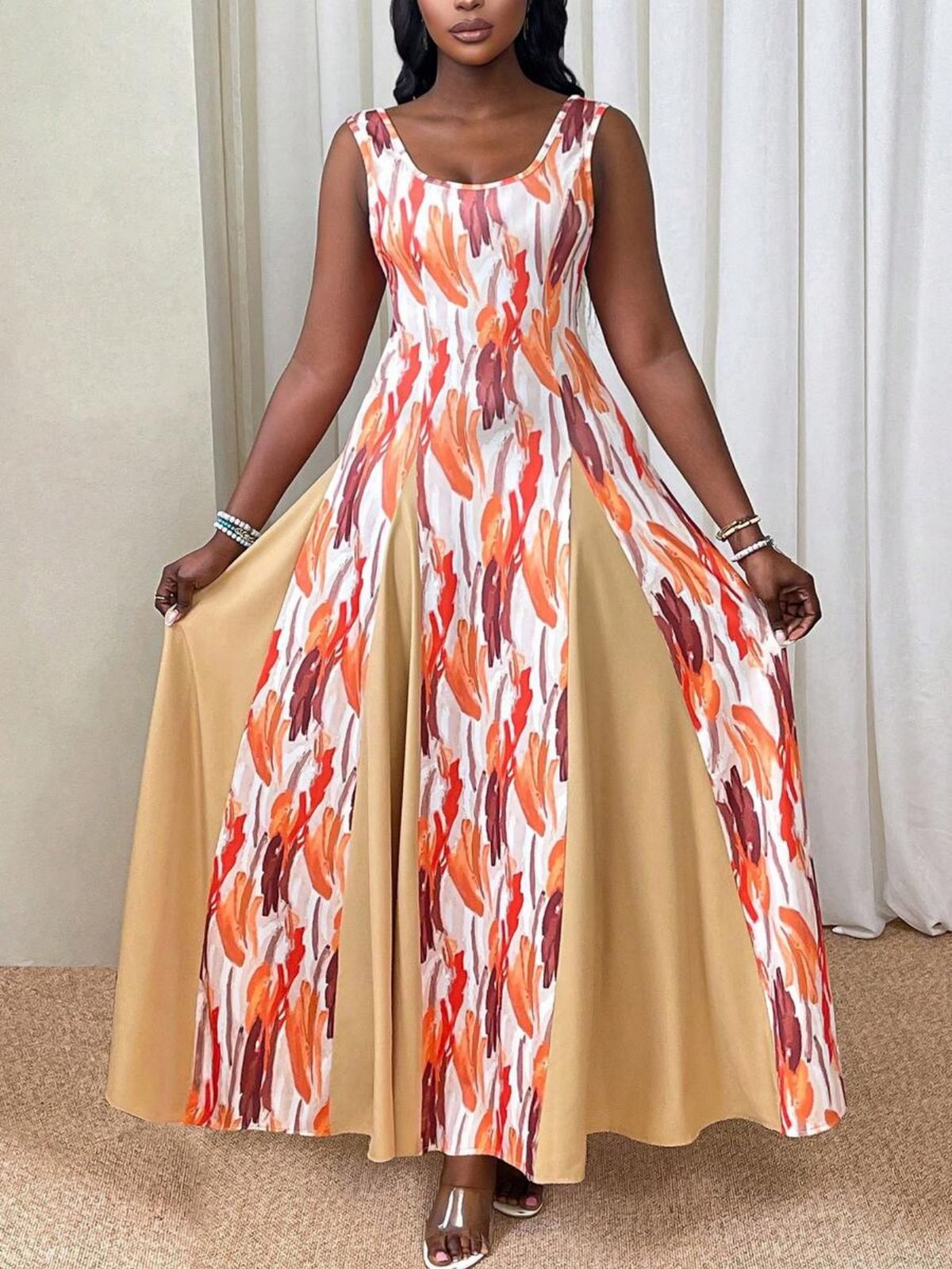 Plus-size Elegant Dress, Fitted Waist And Slimming Square Neck Sleeveless Long Dress, Summer Sleeveless A-line Full Skirt Slimming Dress, Suitable For Daily Commuting, Casual Vacation, And Dates._ecoleips.com