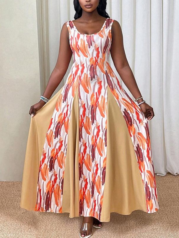 Plus-size Elegant Dress, Fitted Waist And Slimming Square Neck Sleeveless Long Dress, Summer Sleeveless A-line Full Skirt Slimming Dress, Suitable For Daily Commuting, Casual Vacation, And Dates._ecoleips.com