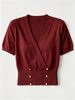French Elegant V - Neck Crossover Design Double - Row Gold Button Short - Sleeve Knit Top_ecoleips.com