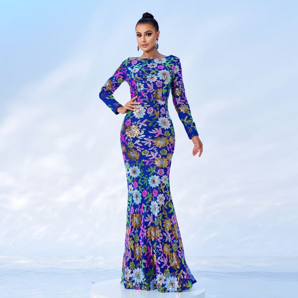 Women's Clothing Evening Dress Long Sleeve Temperament Round Neck Sexy Slim Long Sequin Banquet Bridesmaid Dress Dress Female_ecoleips.com