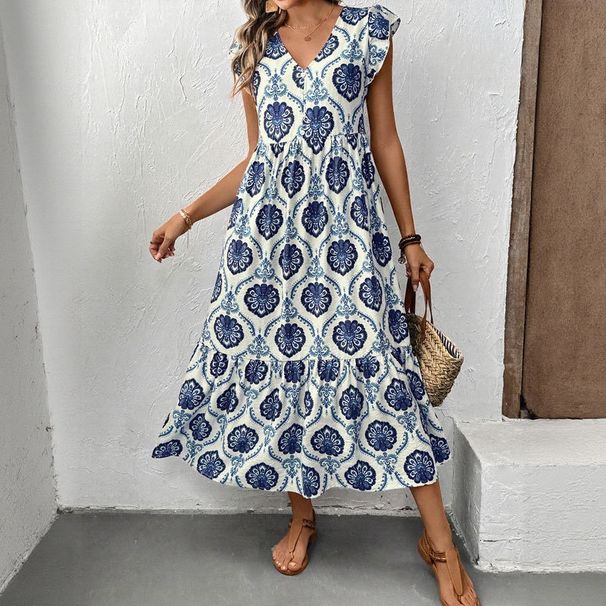 Women's Floral Print V-Neck Maxi Dress French Vacation Style Flowy A-Line Sundress for Summer_ecoleips.com