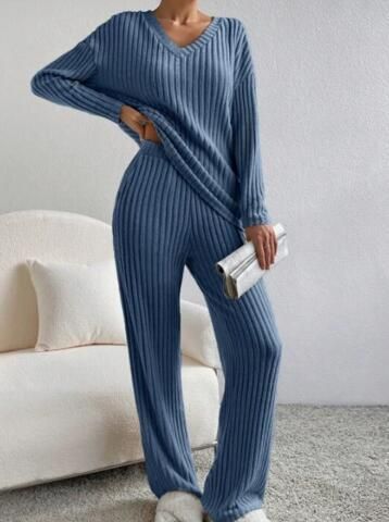 K Women's New Fashion Casual Straight Leg Pants With V-Neck Slit Knit Set_ecoleips.com