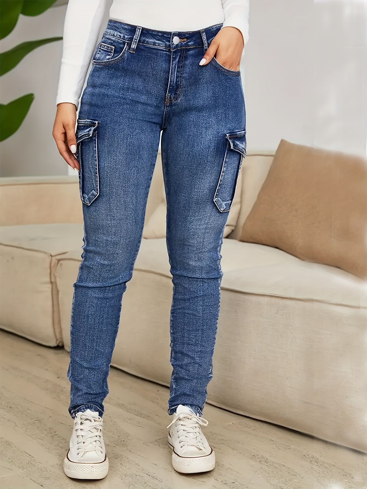 K Women's Fashionable Low-Waist High-Elastic Denim Jeans With Side Pockets And Gathered Details For A Slimming And Trendy Office Look_ecoleips.com