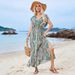 In Stock 2025 European And American Cross-border V-neck Ruffle Short-sleeve Slit Bohemian Vacation Long Dress For_ecoleips.com