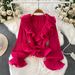Women's Sweet Ruffled V Neck Blouse Trendy Niche Design Light Luxury Pleated Top for Spring And Autumn Vacation Style_ecoleips.com
