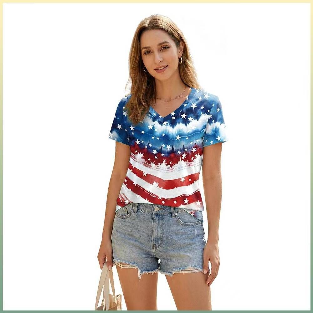 Women's V-Neck Flag Print T-Shirt Breathable Bamboo-Linen Blend Summer Top Tag-Free Comfort Available in 3 Colors_ecoleips.com