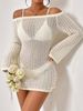 Women Soft Skin-Friendly Breathable Hollow Knit Cover Up Dress Off Shoulder Flare Long Sleeve Loose Drawstring Side Mini Knit Tunic_ecoleips.com