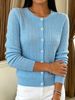 Light Blue Cable Pit Rib Knit Cardigan, Loose Lightweight Breathable Soft Skin-touch Button Long Sleeve Jacket_ecoleips.com