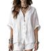 Women's Solid Color Loose Button down Shirt And Shorts Fashion Casual Suit Spring/Summer New European And American Cross Border Trade Clothing_ecoleips.com