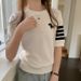 Summer 100% Cotton Women's T-shirt Casual Striped Knit Pullover Short Sleeved Loose Round Neck Tees Embroidered Luxury Brand Top_ecoleips.com