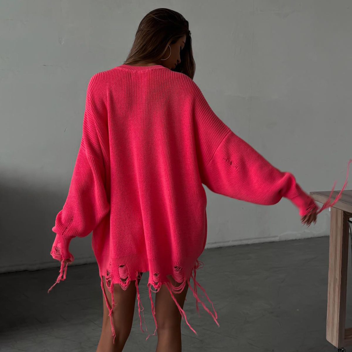 "Distressed Cotton Sweater Women's Casual Loose Fit Round Neck Long Sleeve Streetwear Grunge Style"_ecoleips.com