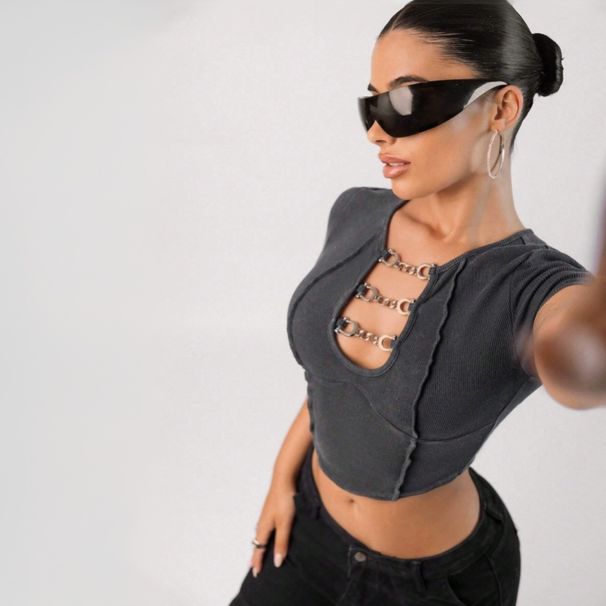 Voya Women's Personalized Trendy T-shirt For Spring/Summer 2026, Short Outerwear, Exposed Umbilical Style Top_ecoleips.com