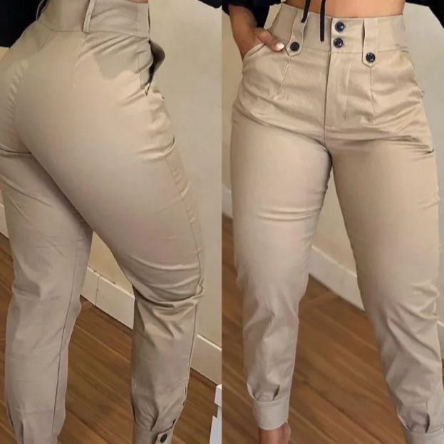 Women's Clothing Pants Fashionable High Waist Button Pocket Design Cuff Overalls Women's Casual Pants_ecoleips.com