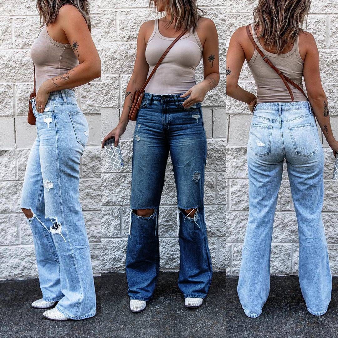 Women's Clothing Ripped High Waist Retro Slim Denim Mini Flared Pants_ecoleips.com