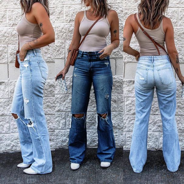 Women's Clothing Ripped High Waist Retro Slim Denim Mini Flared Pants_ecoleips.com