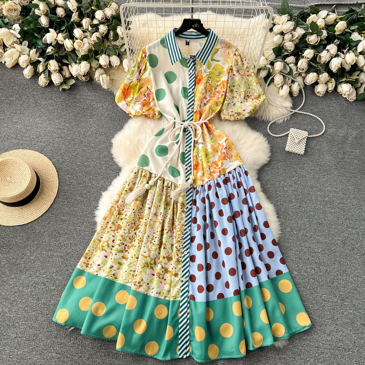 French Style Niche Contrast Color Stitching Fashionable Puff Sleeves Loose Big Swing Long Design Polka Dot Dress Dress_ecoleips.com