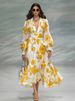 Elegant Retro Floral Print Chiffon Midi Dress With V-Neck & Flutter Sleeves – Feminine & Timeless For Women_ecoleips.com
