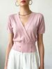 Women Lightweight Breathable Wrap V Neck Knit Top Short Sleeve Gold Button Slim Cropped Knit Blouse_ecoleips.com